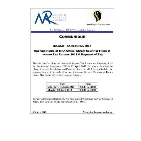 Document preview: Updated Tax Payment Hours at Ehram Court for 2012 — Taxes (CommuniqueOpeningHours160312)
