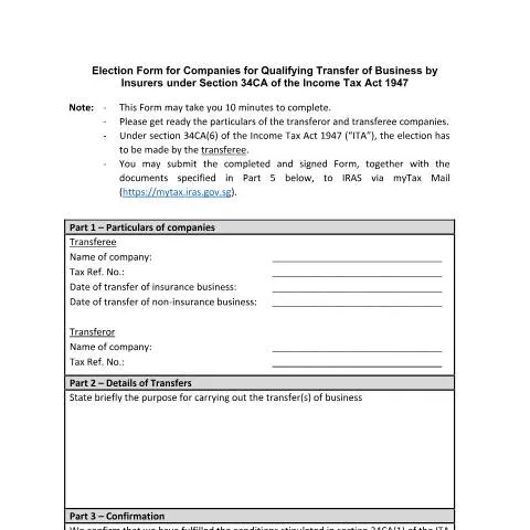 Document preview: Election Form for Qualifying Transfer of Business by Insurers under — Taxes (CERFA n°TAX-FRAMEWORK-FOR-TRANSFER-OF-BUSINESS-BY-INSURERS-(ELECTION-FORM))