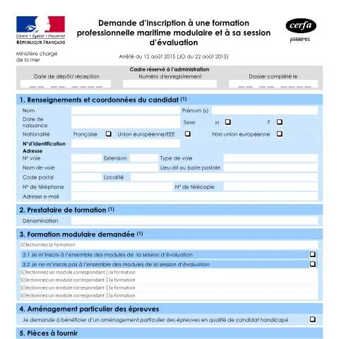 Aperçu du document Formation maritime modulaire : guide d'inscription 15580*01 — Démarches administratives (CERFA n°15580*01)