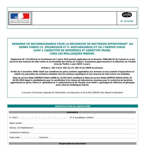 Aperçu du document Reconnaissance officielle pour l'analyse sanitaire des mollusques — Démarches administratives (CERFA n°14135*04)