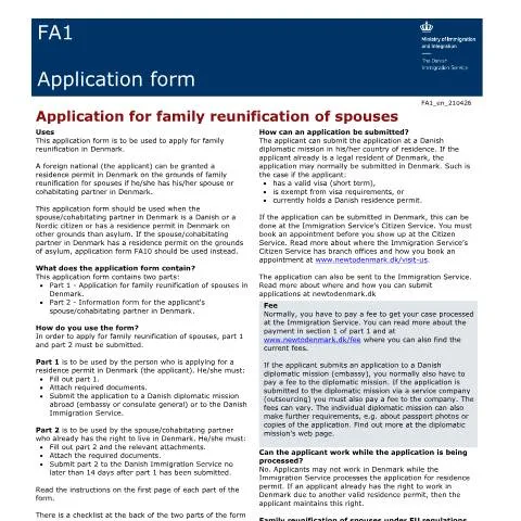 Document preview: FA1-formularen: Din vej til familiesammenføring i Danmark — Immigration & visa (CERFA n°FA1)