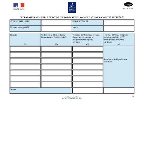 Aperçu du document Formulaire 11072*02 : déclaration mensuelle des COV récupérés — Démarches administratives (CERFA n°11072*02)