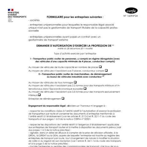 Aperçu du document Comment obtenir son autorisation de transporteur public routier — Démarches administratives (CERFA n°16094*04)