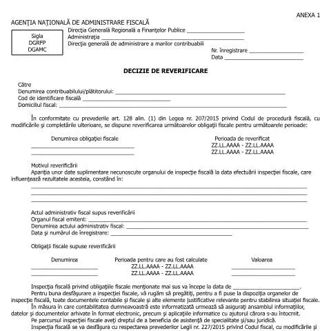 Document preview: Reverificarea fiscală: Decizia OPANAF 825/2016 — Impozite & fiscalitate (CERFA n°A1A2_OPANAF_825_2016)