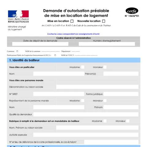 Aperçu du document Formulaire 15652*01 : obtenir l'autorisation de louer son bien — Logement (CERFA n°15652*01)
