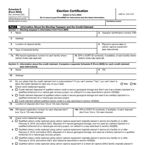 Document preview: Mastering IRS Form 8933-SE for Carbon Capture Benefits — Taxes (CERFA n°8933SE)