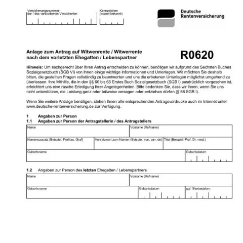 Dokumentvorschau: Formular R0620: Antrag auf Witwenrente nach dem vorletzten Ehegatten — Rente & Pension (R0620)