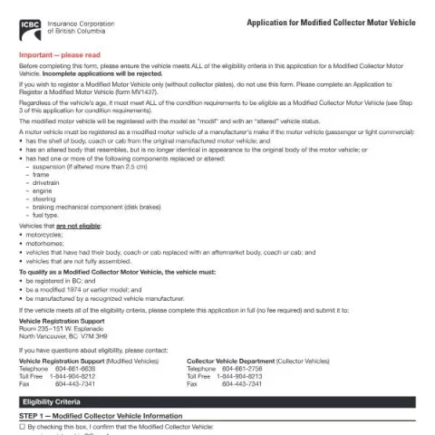 Document preview: Registering a Modified Collector Vehicle in British Columbia — Vehicle & driving (MV1426)