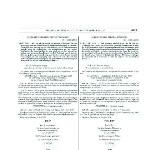 Aperçu du document Réforme législative du 9 juillet 2020 sur les créances alimentaires et — Juridique & justice (CERFA n°Wet Loi 09 07 2020_0)