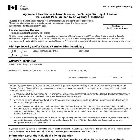 Document preview: Agreement for Benefits Administration under Canada's Income Security — Benefits & social aid (CERFA n°ISP3507CPP)
