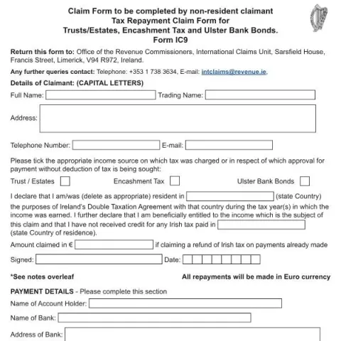 Document preview: How to Complete Tax Repayment Claim Form IC9 for Trusts and Bonds — Taxes (Form IC9)