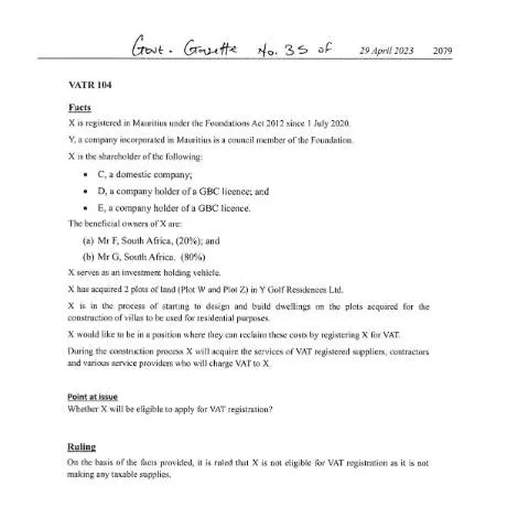 Document preview: VATR 104: Your Guide to VAT Registration in Mauritius — Taxes (VATR104)