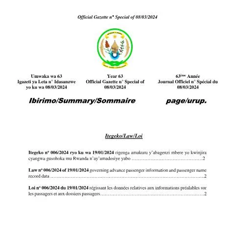 Document preview: Understanding Rwanda's New Passenger Information Law of 2024 — Government & admin (CERFA n°og_n___special_of_08.03.2024_amakuru_abagenzi_mbere_yo_kwinjira_-_gusohoka_mu_rwanda)
