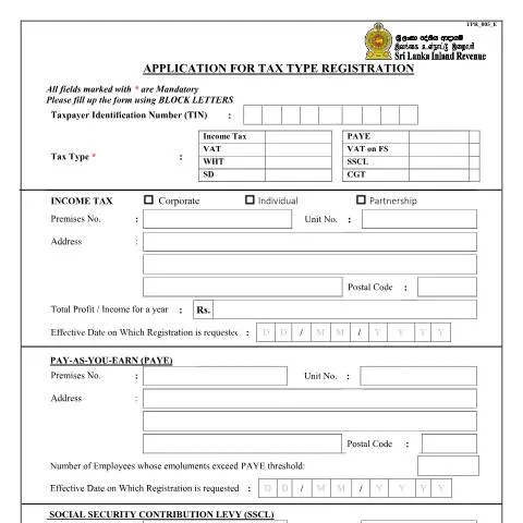 Document preview: Essential Guide to Tax Type Registration in Sri Lanka — Taxes (CERFA n°TPR_005)