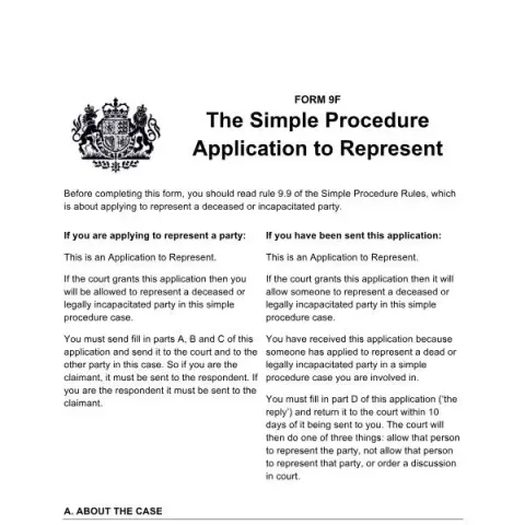Document preview: Application to Represent in Simple Procedure Cases — Legal & justice (Form 9F)