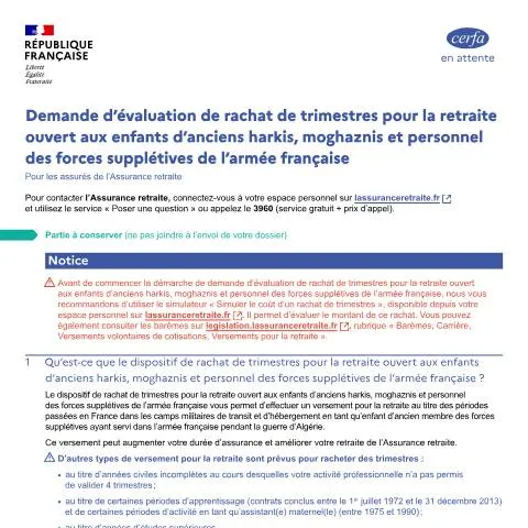 Aperçu du document Évaluation du rachat de trimestres retraite pour enfants de harkis — Retraite & pension (CERFA n°15396*02)