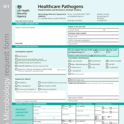 Document preview: Healthcare Pathogens Request Form: Multiple Isolates Submission — Health