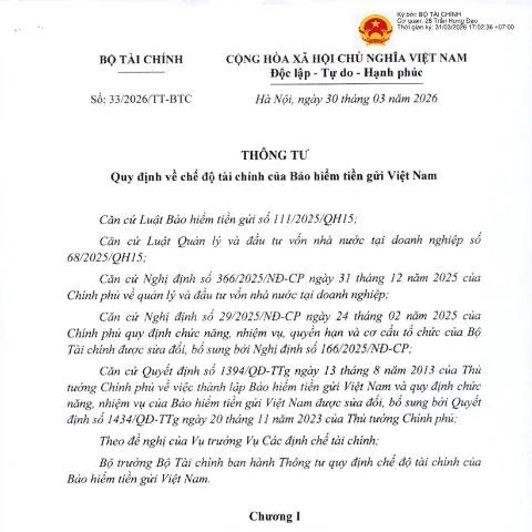 Document preview: Thông Tư 33/2026/TT-BTC: Quy Định Mới Về Tài Chính Bảo Hiểm Tiền Gửi — Thuế & tài chính (CERFA n°33/2026/TT-BTC)