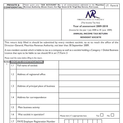 Document preview: IT Form 6: Essential Insights for Mauritius Resident Societies — Government & admin (ITForm6ResidentSociete0910)