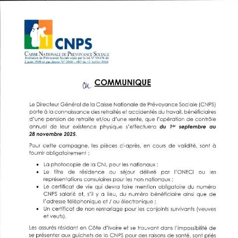Aperçu du document Opération de Vérification des Retraités et Rentiers en Côte d'Ivoire — Démarches administratives