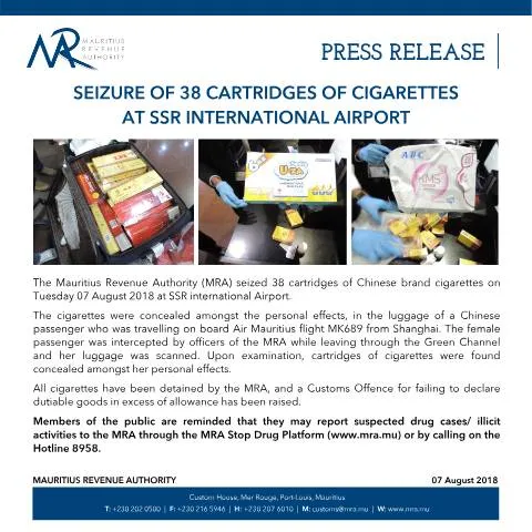 Document preview: Significant Cigarette Smuggling Interception at SSR Airport — Government & admin (PressRelease070818)