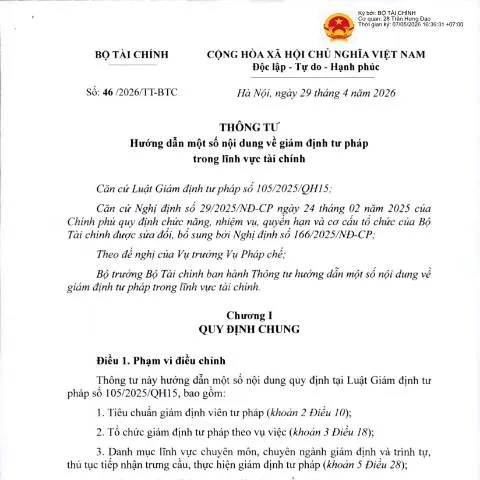 Document preview: Thông tư số 46/2026/TT-BTC: Giám định tư pháp tài chính — Thuế & tài chính (CERFA n°46/2026/TT-BTC)