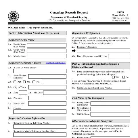 Document preview: Explore Genealogy with USCIS Form G-1041A — Immigration & visas (CERFA n°G-1041A)