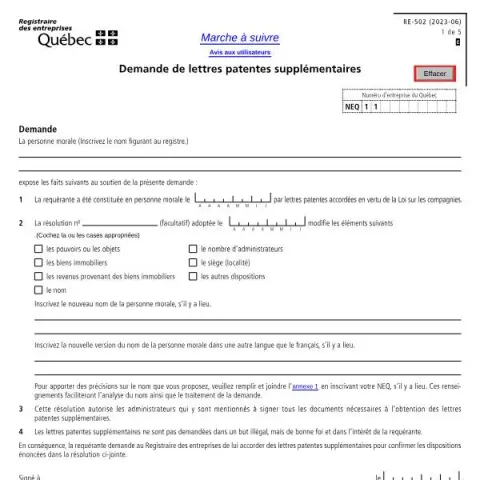Document preview: How to Apply for Additional Letters Patent in Quebec (French) — Government & admin (RE-502)