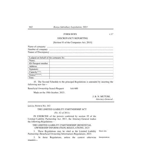 Document preview: Kenya's 2023 LLP Beneficial Ownership Regulations: Ensuring — Legal & justice (CERFA n°L.-N.-163-The-limited-Liability-Parternership-Beneficial-Ownership-Regulations-2023)