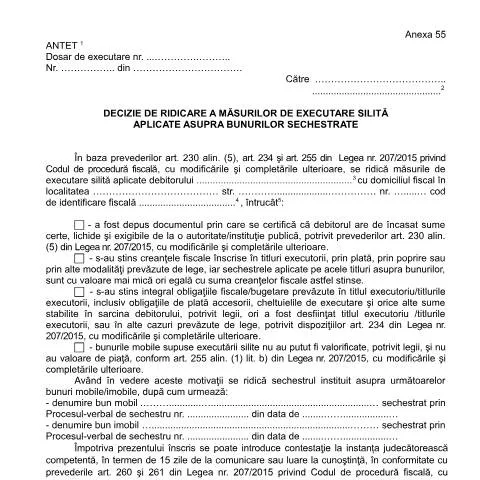 Document preview: Importanța Deciziei de ridicare a măsurilor de executare silită în — Impozite & fiscalitate (CERFA n°A55_OPANAF_63_2017)