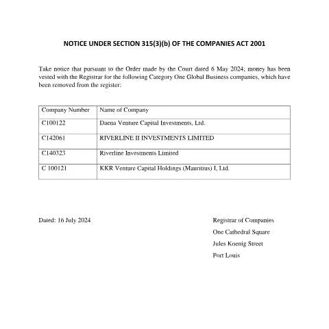 Document preview: Understanding the Daena Venture Special Deposit Notice in Mauritius — Government & admin (CERFA n°Daena-Venture-and-OrsPublication-Special-Deposit-NOTICE-UNDER-SECTION-315)