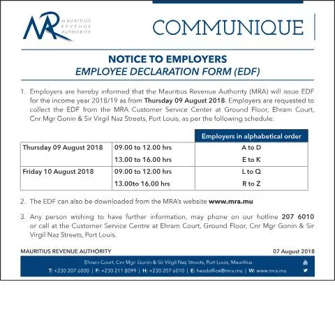 Document preview: Understanding the Employee Declaration Form (EDF) in Mauritius — Work & employment (CERFA n°EDF070818)