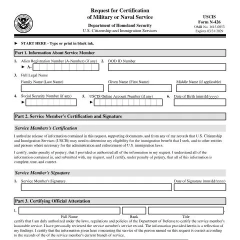 Document preview: Understanding USCIS Form N-426 for Military Applicants — Immigration & visas (CERFA n°N-426)