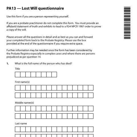 Document preview: How to Report a Missing Will Using Form PA13 in UK Probate Cases — Legal & justice