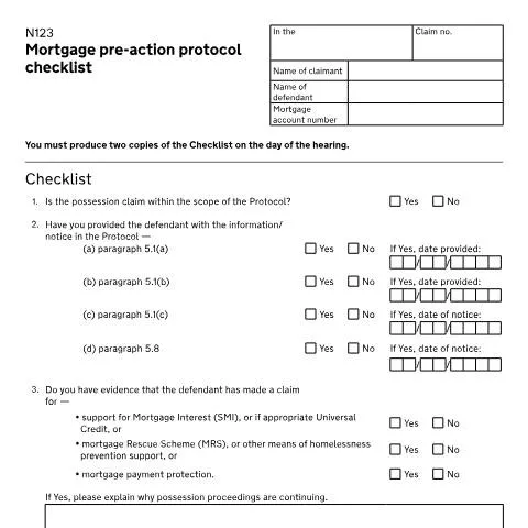 Document preview: Understanding Form N123: Mortgage Pre-Action Protocol Requirements — Housing