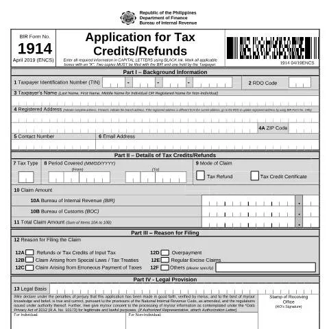 Document preview: Understanding BIR Form No. 1914 for Tax Refunds — Taxes (CERFA n°1914)