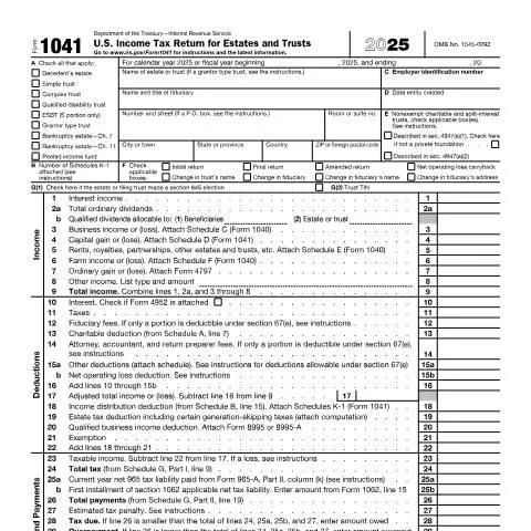 Document preview: Navigating IRS Form 1041: A Guide for Fiduciaries — Taxes (CERFA n°1041)
