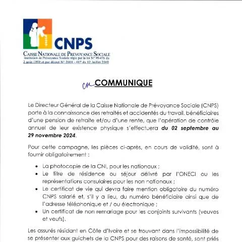 Aperçu du document Contrôle Annuel des Retraités et Rentières 2024 en Côte d'Ivoire — Retraite & pension