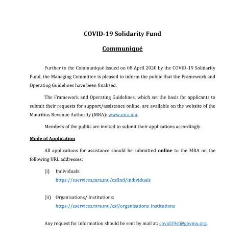 Document preview: Mauritius COVID-19 Solidarity Fund Support Framework — Government & admin (CommuniqueSolidarityFund)