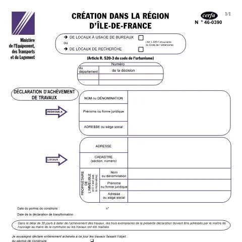 Aperçu du document Taxe création bureaux : tout savoir sur la déclaration 46-0390 — Démarches administratives (CERFA n°46-0390)