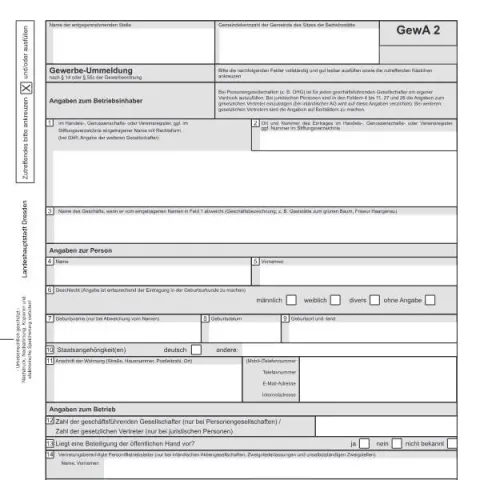 Dokumentvorschau: Gewerbe-Ummeldung in Dresden nach § 14 und § 55c der Gewerbeordnung — Unternehmen (3251_GewA2)