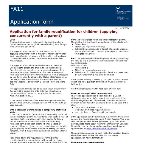 Document preview: Guide til FA11 ansøgningen om familiegenforening — Immigration & visa (CERFA n°FA11)