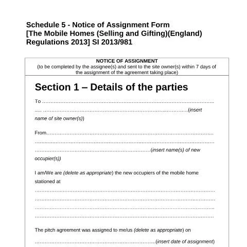 Document preview: Park Home Assignment Notice: Essential Transfer Requirements — Housing