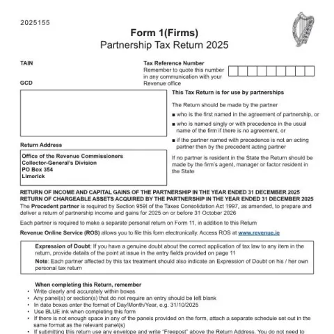 Document preview: Partnership Tax Return Form 1 (Firms) for Revenue Submission — Taxes (Form 1 (Firms))