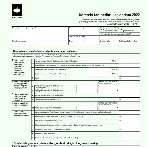 Document preview: Forstå kostnadsberegning for landbrukseiendom i Norge — Administrative prosedyrer (CERFA n°RF-1013)