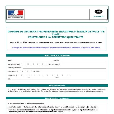 Aperçu du document Demande d'équivalence pour certificat professionnel d'éleveur avicole — Études & formation (CERFA n°14144*02)
