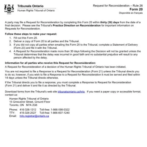 Document preview: How to Request Reconsideration at the HRTO (English / French) — Legal & justice (Form 20)