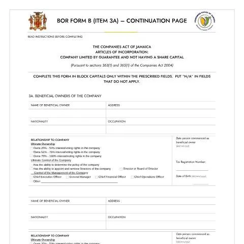 Document preview: Navigating the BOR Form B for Corporate Transparency in Jamaica — Government & admin (CERFA n°BOR_FORM_B_CONTINUATION_PAGE_BENEFICIAL_OWNERS_OF_THE_COMPANY)