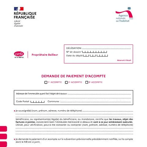 Aperçu du document Demande d'acompte Anah : anticipez le financement de vos travaux — Logement (CERFA n°13466*03)
