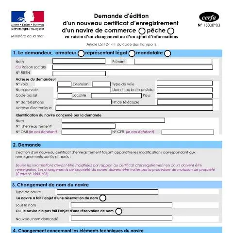 Aperçu du document Demande de nouveau certificat d'enregistrement maritime — Démarches administratives (CERFA n°15808*03)